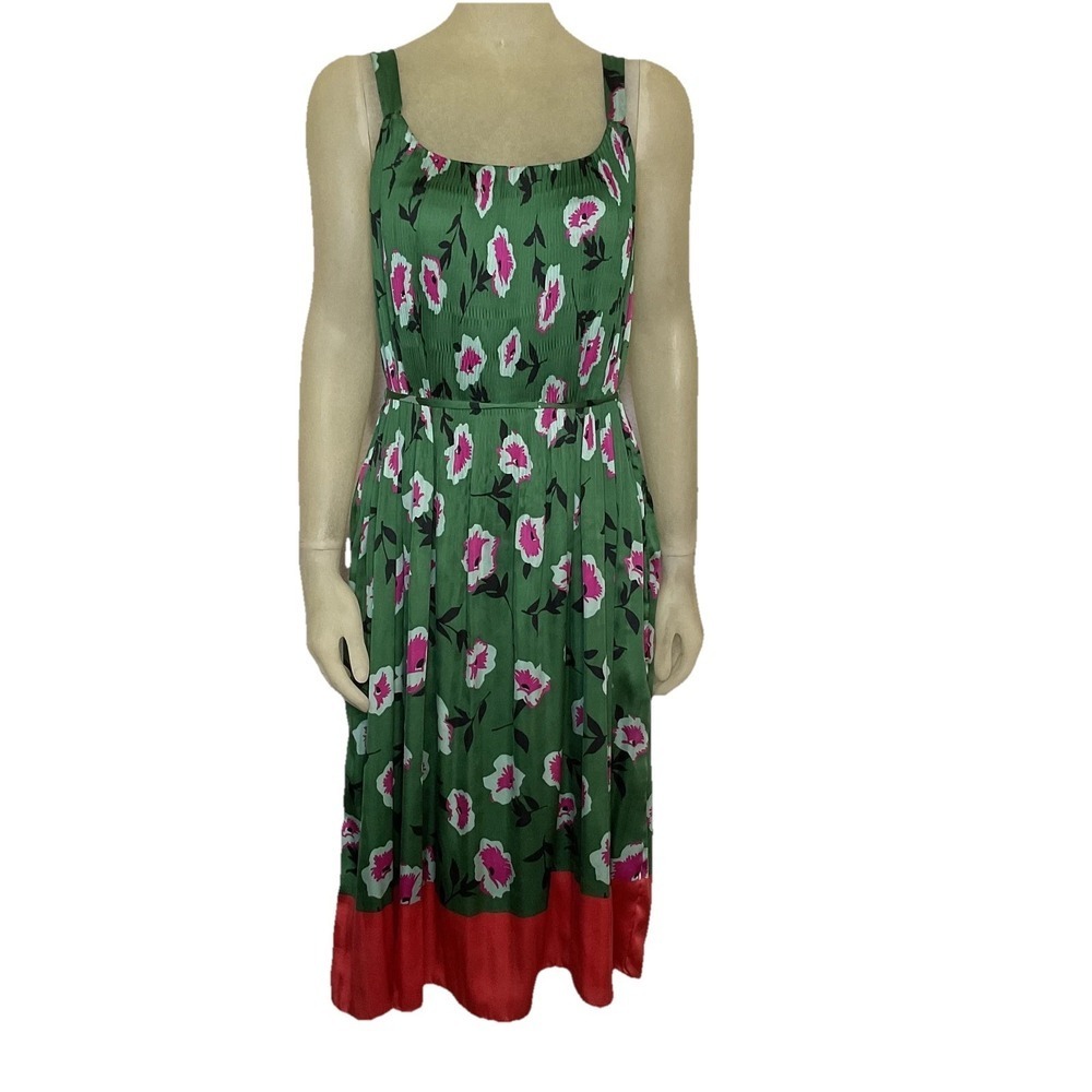 Anthropologie Dress Women's XS Green Pink Floral Pleated Midi Belted Lightweight